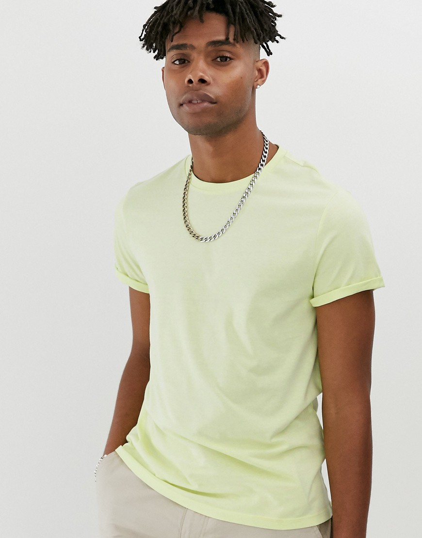ASOS DESIGN - T-shirt girocollo organica con maniche con risvolto verde