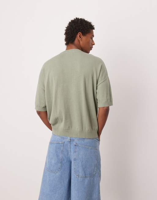 ASOS DESIGN - T-Shirt girocollo oversize in maglia verde salvia con ricamo , 3 di 4