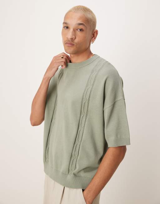 ASOS DESIGN - T-shirt girocollo oversize squadrata in maglia verde salvia con ricamo