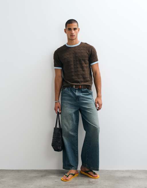 ASOS DESIGN - T-shirt girocollo pesante marrone in tessuto testurizzato, 2 di 5