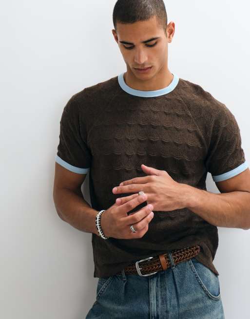 ASOS DESIGN - T-shirt girocollo pesante marrone in tessuto testurizzato, 3 di 5