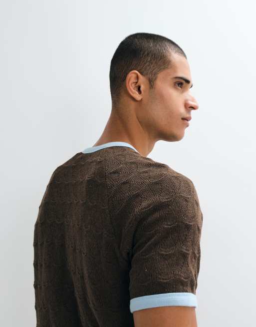 ASOS DESIGN - T-shirt girocollo pesante marrone in tessuto testurizzato, 4 di 5