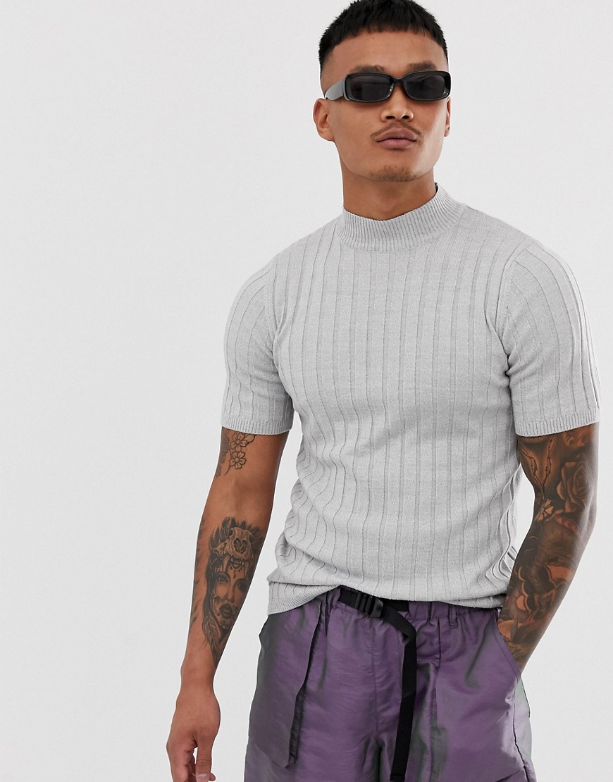 ASOS DESIGN - T-shirt grigio chiaro accollata in maglia a coste