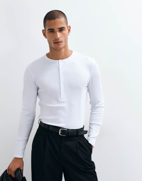 ASOS DESIGN t-shirt henley à manches longues coupe moulante en maille côtelée blanche - view 1