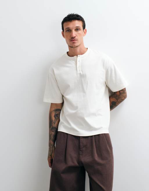 ASOS DESIGN t-shirt henley épais à coupe décontractée en écru, 3 de 5