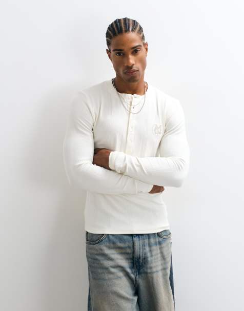 ASOS DESIGN t-shirt henley manches longues coupe muscle épaisse avec broderie poitrine en maille côtelée crème - view 1