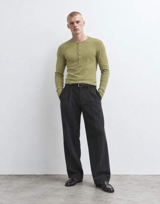 ASOS DESIGN t-shirt henley moulant à manches longues en maille côtelée kaki, 6 de 8