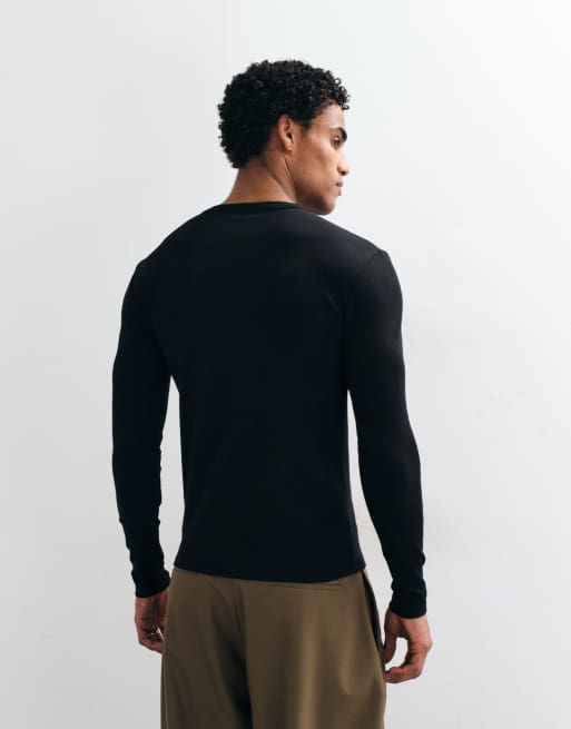 ASOS DESIGN t-shirt henley moulant à manches longues en maille côtelée noire, 5 de 5