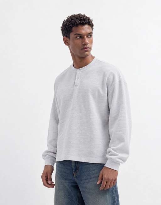 ASOS DESIGN t-shirt henley oversize a maniche lunghe in grigio mélange effetto waffle, 8 di 10