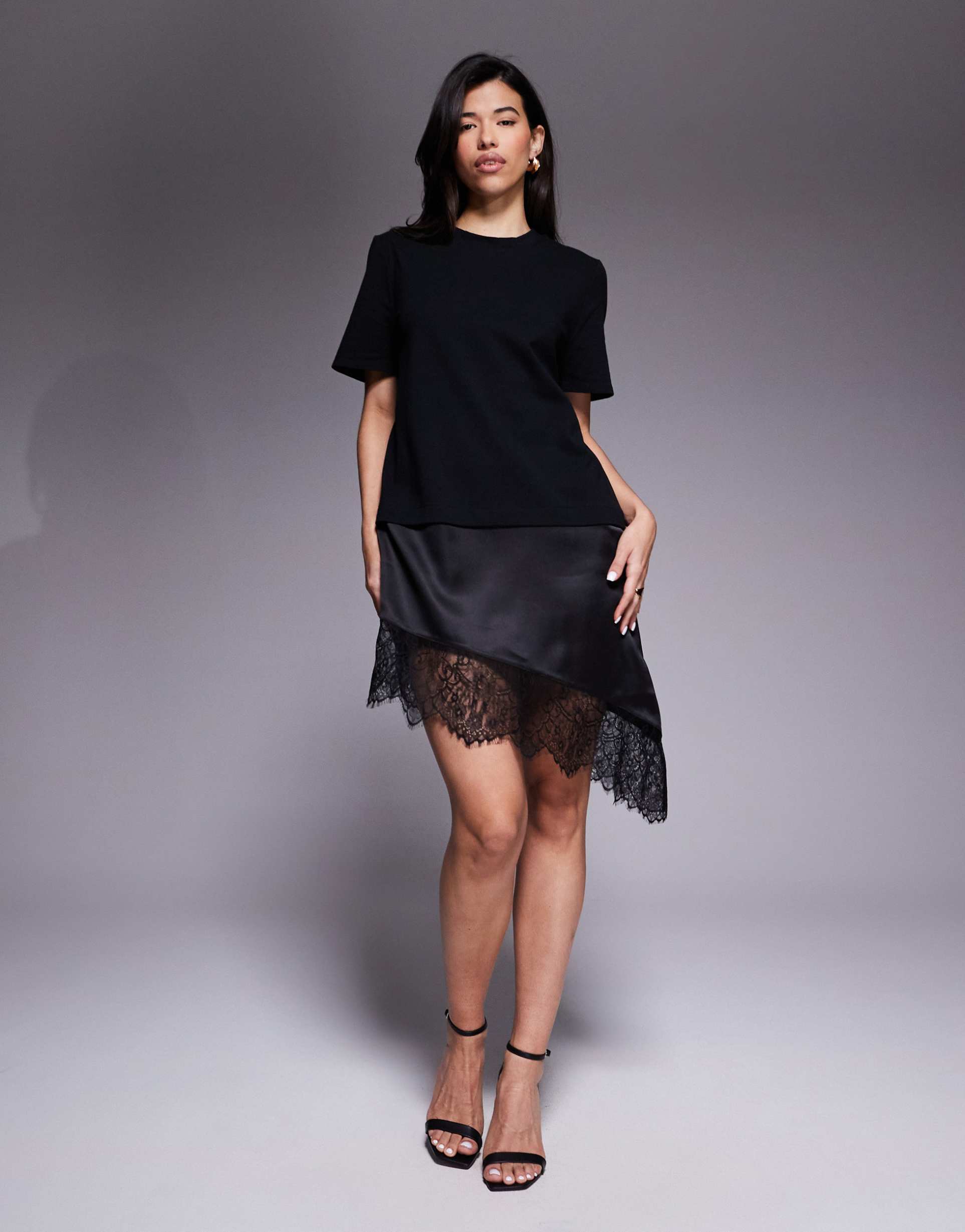 asos design t-shirt hybrid mini dress with lace hem in black