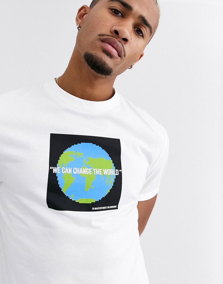 ASOS DESIGN – T-shirt i ekologisk bomull med Save the World-tryck och uppvikt ärm-Vit
