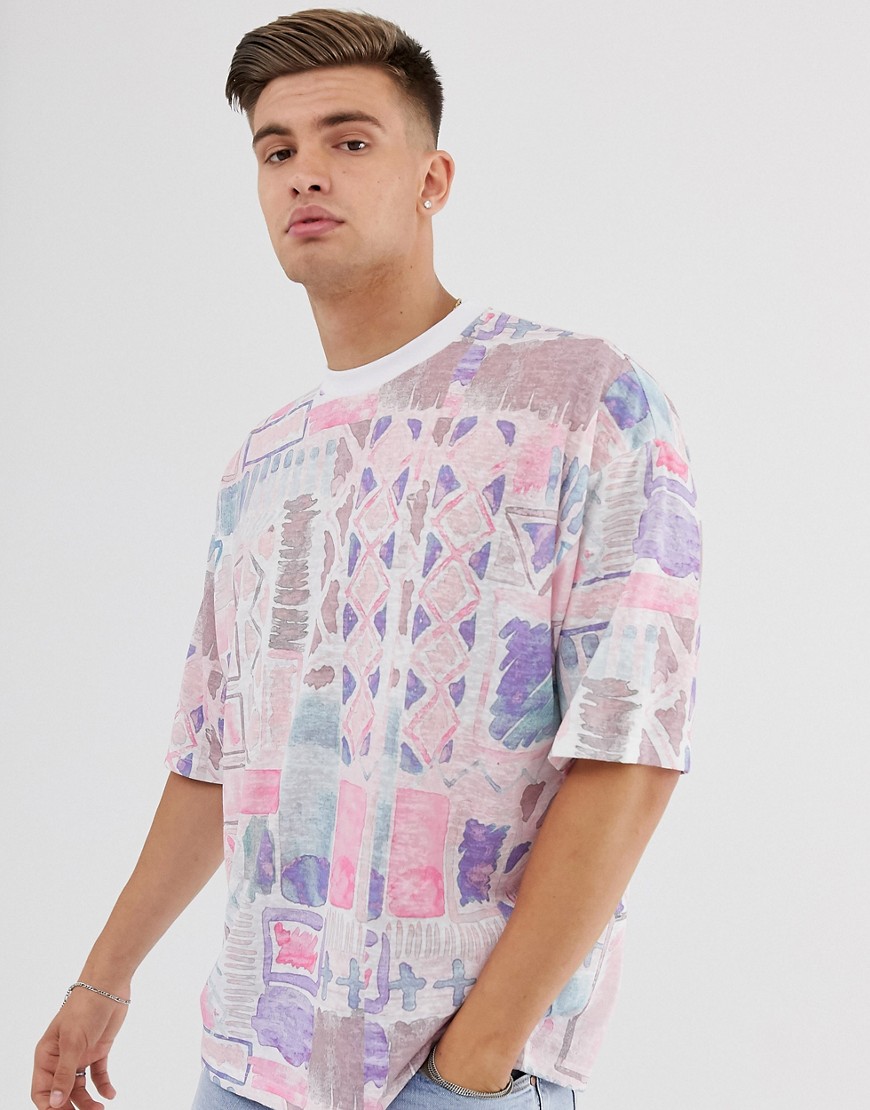 ASOS DESIGN – T-shirt i oversize-modell med abstrakt, vintageinspirerat mönster-Rosa
