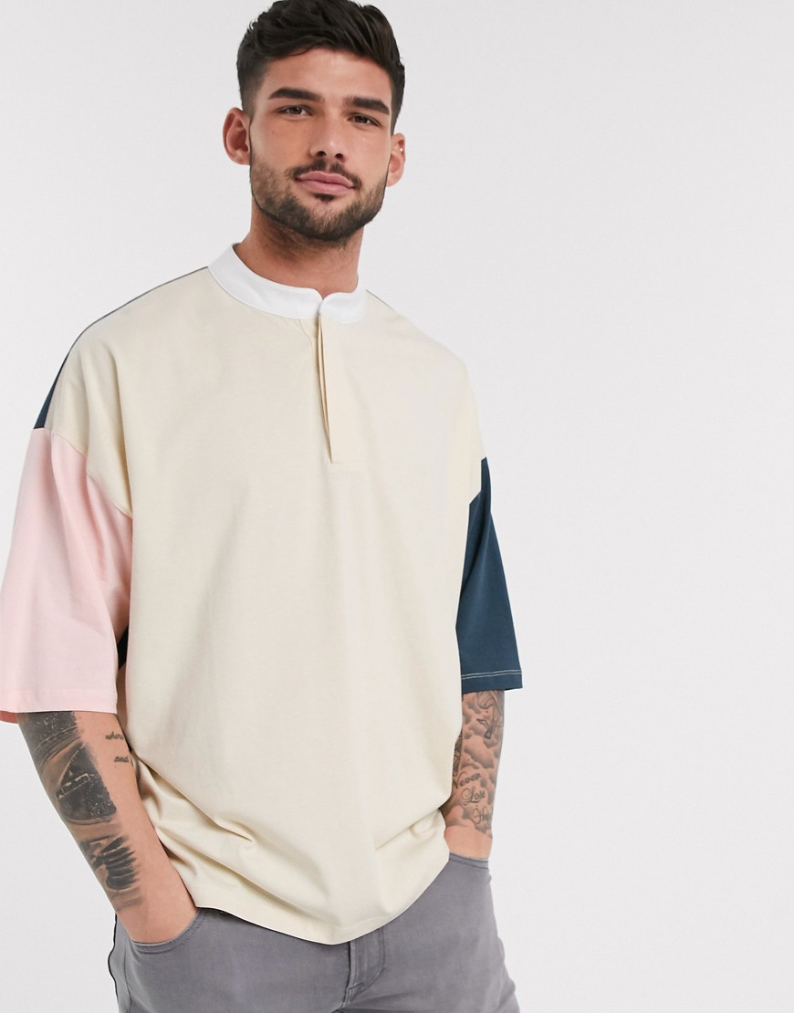 ASOS DESIGN – T-shirt i oversize-modell med halvlång kontrastärm och murarkrage-Beige