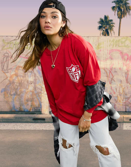 ASOS DESIGN – T-shirt i oversize-modell med NFL-tryck och lång ärm
