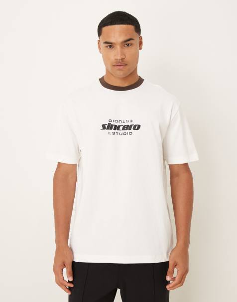 ASOS DESIGN - T-shirt imprimé décontracté épais à col contrastant - Blanc cassé - view 1