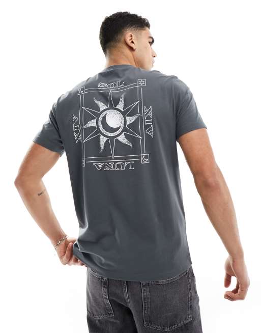 ASOS DESIGN – T-Shirt in Anthrazit mit Himmelskörper-Print hinten
