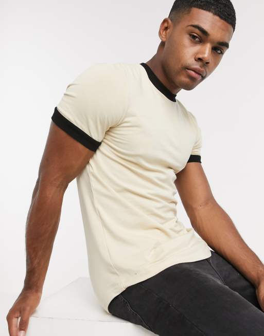 ASOS DESIGN - T-shirt in beige met gekleurde randen 