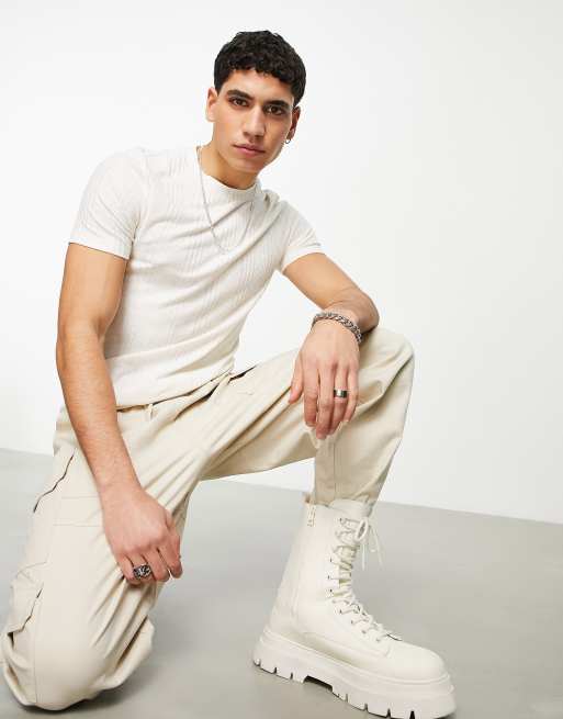 ASOS DESIGN t-shirt in beige variated rib