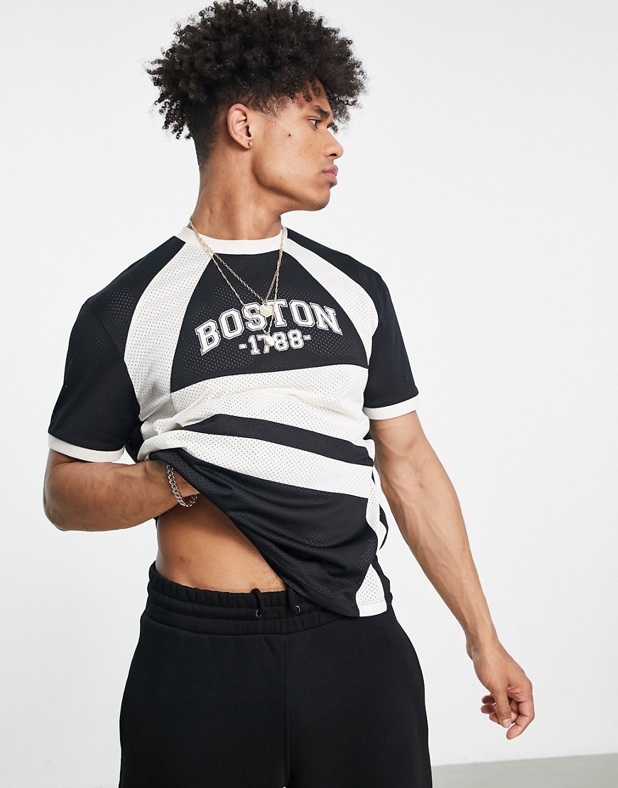 ASOS DESIGN T-shirt in black and white sporty mesh with Boston city print