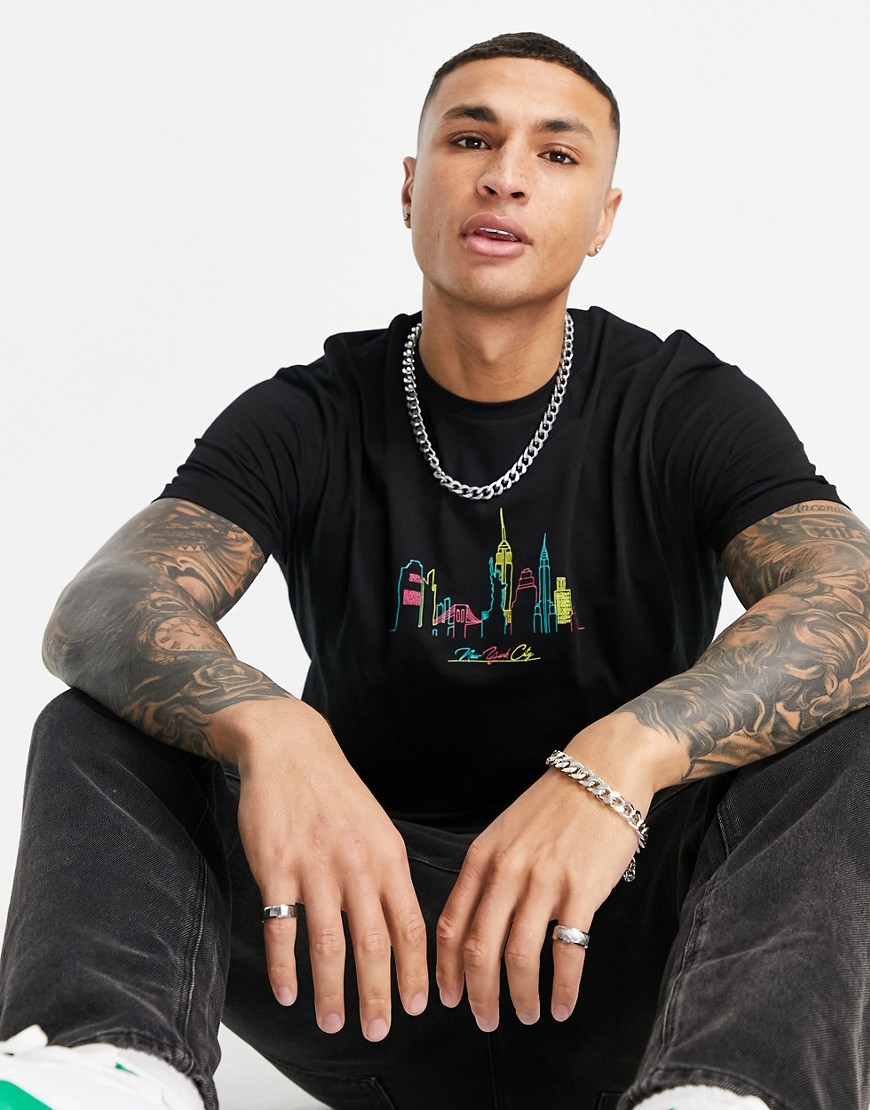 ASOS DESIGN t-shirt in black with New York city skyline drawing