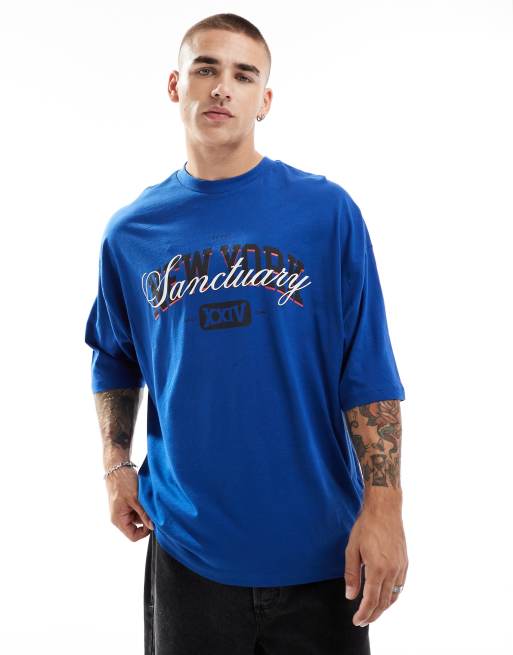 ASOS DESIGN – T-Shirt in Blau mit City-Front-Print und extremer Oversize-Passform