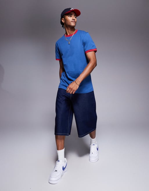 ASOS DESIGN – T-Shirt in Blau mit Rundhalsausschnitt und Kontrast-Einfassung in Rot , 3 von 4