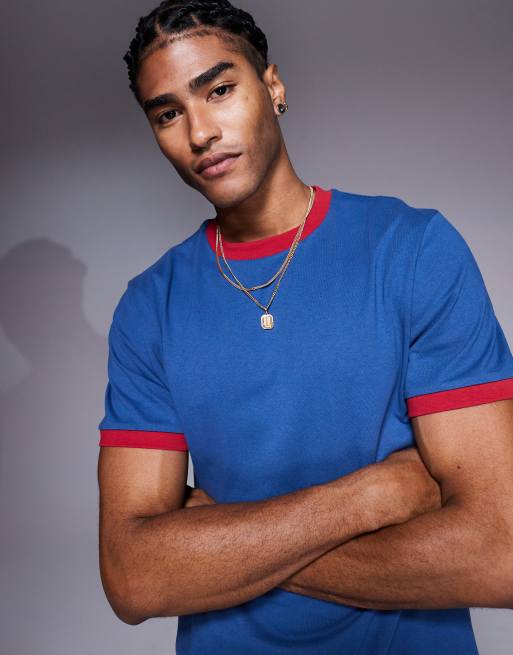 ASOS DESIGN – T-Shirt in Blau mit Rundhalsausschnitt und Kontrast-Einfassung in Rot , 4 von 4