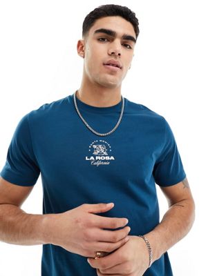 ASOS DESIGN t-shirt in blue with rose chest print