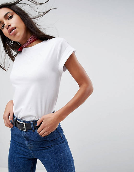 ASOS DESIGN t-shirt in boyfriend fit with rolled sleeve and curved hem in white