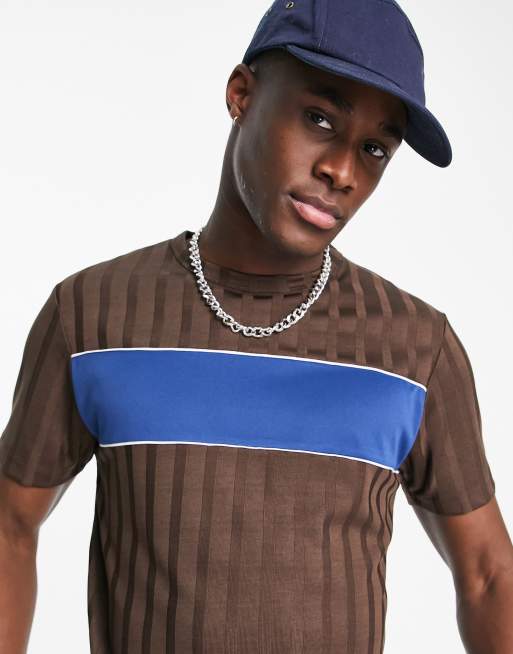 ASOS DESIGN t-shirt in brown and blue color block in rib
