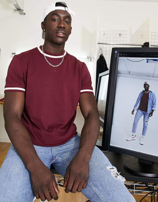 ASOS DESIGN t-shirt in burgundy with cream contrast ringer and modesty triangle