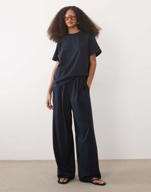 ASOS DESIGN - T-shirt in cotone blu navy in coordinato, 3 di 4