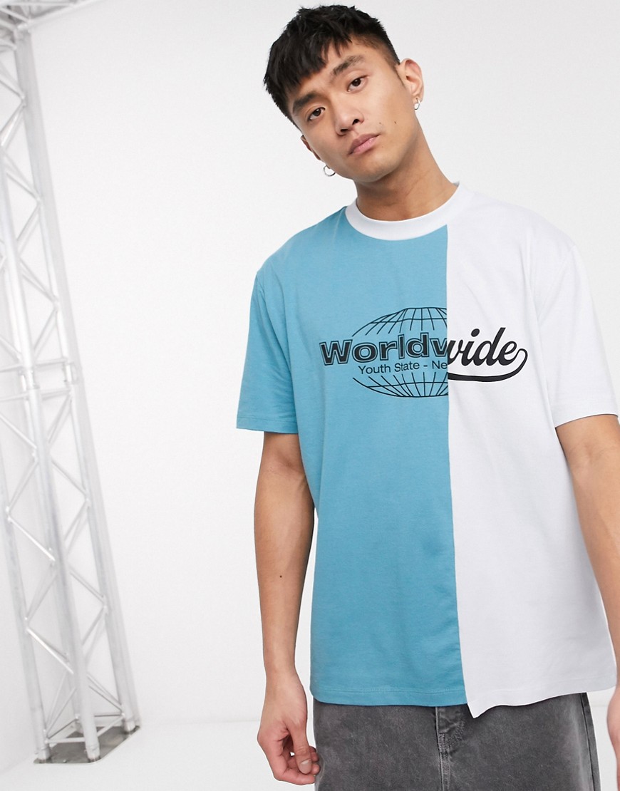 ASOS DESIGN - T-shirt in cotone organico colorblock e con stampa sul petto-Blu