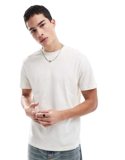 ASOS DESIGN – T-Shirt in Crem mit Leinenoptik und Rundhalsausschnitt