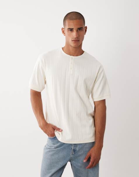 ASOS DESIGN – T-Shirt in Cremeweiß mit Henley-Ausschnitt und breitem Rippenmuster - view 1