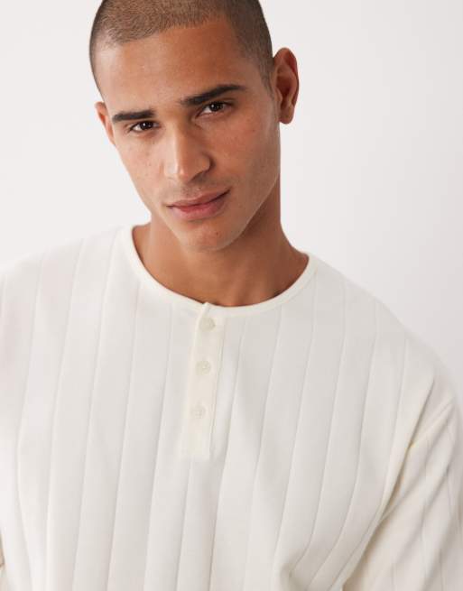 ASOS DESIGN – T-Shirt in Cremeweiß mit Henley-Ausschnitt und breitem Rippenmuster, 3 von 5