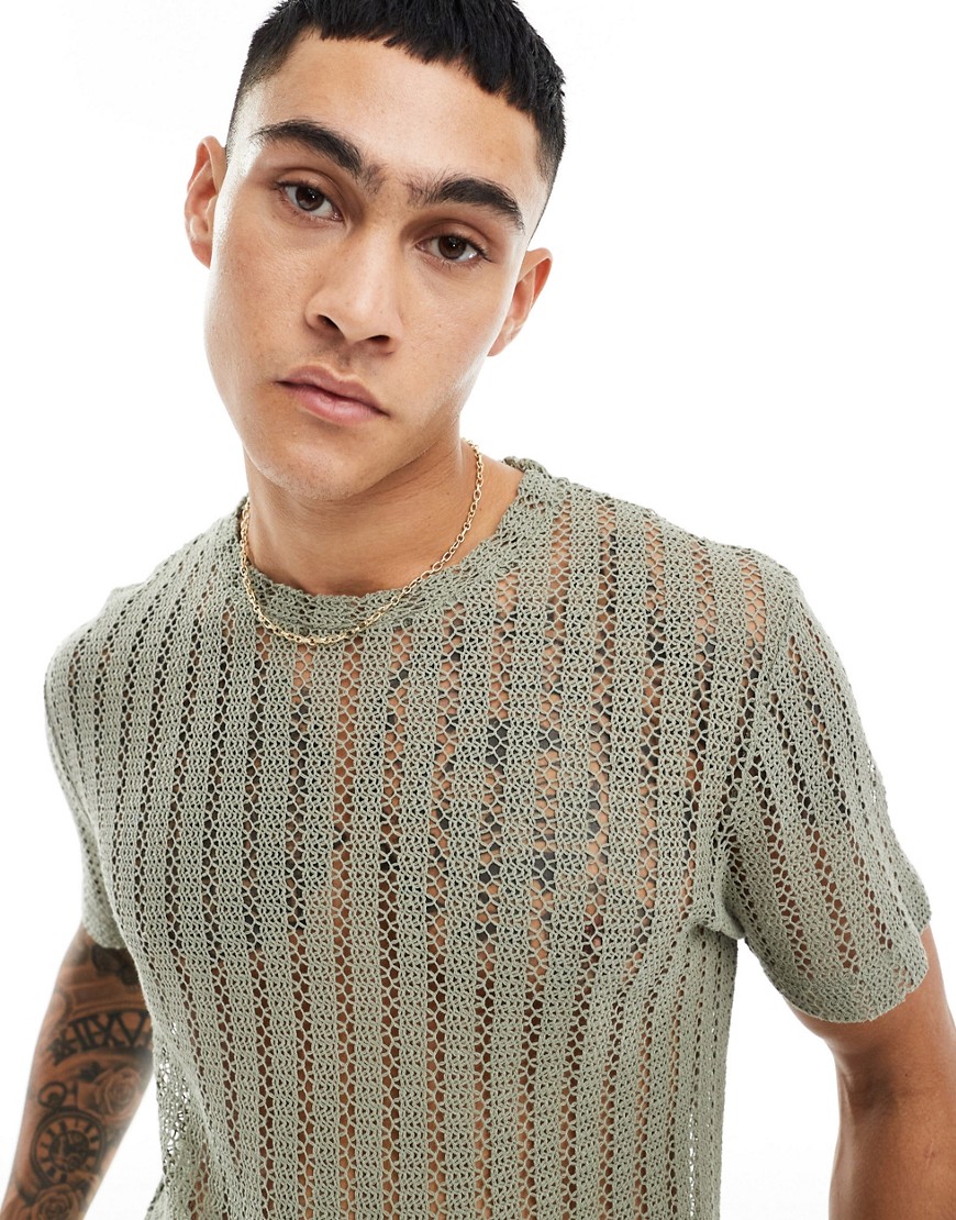 ASOS DESIGN t-shirt in crochet in khaki-Neutral