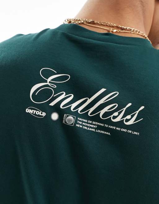ASOS DESIGN t-shirt in dark green with back neck text print, 3 of 4
