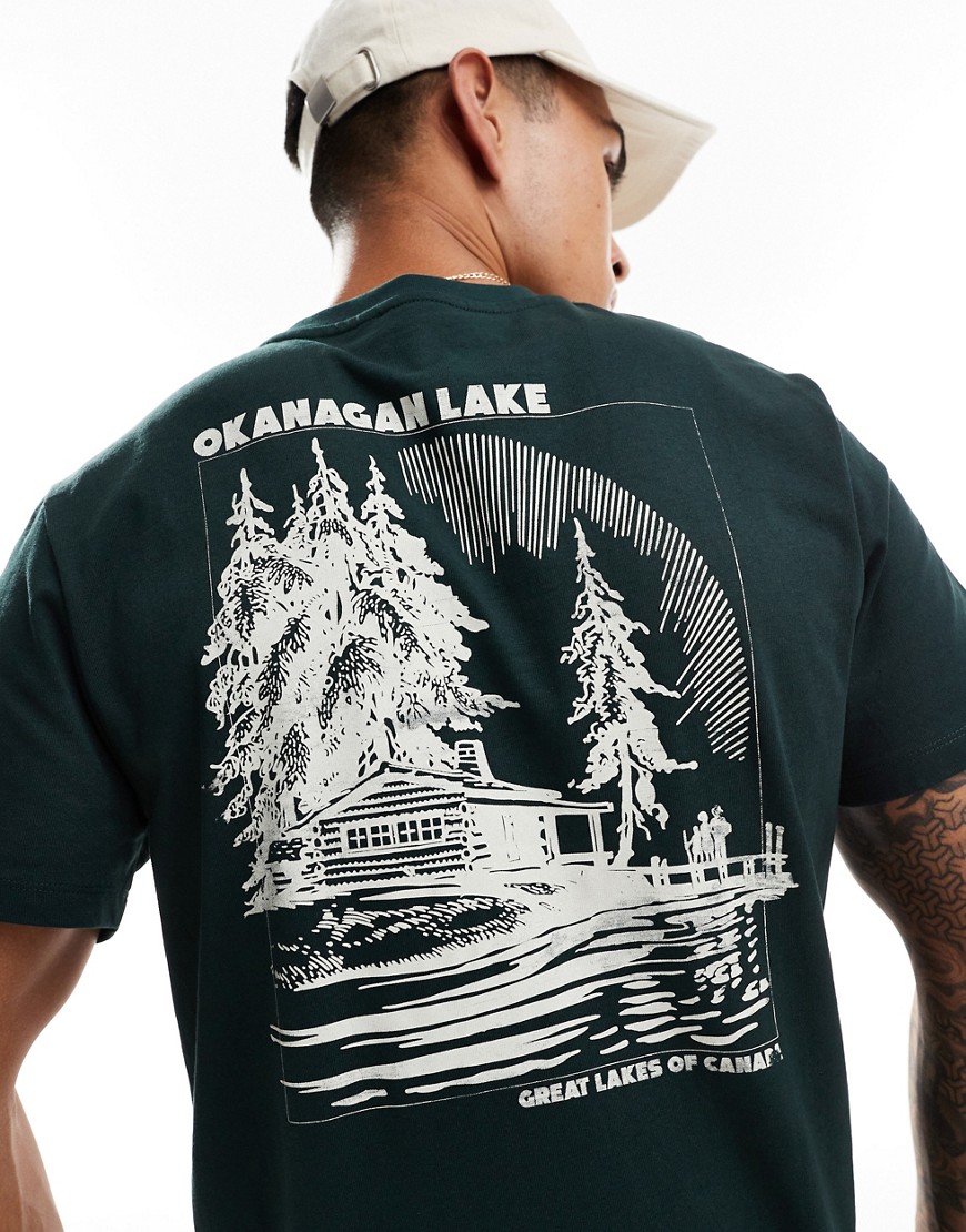 ASOS DESIGN t-shirt in dark green with scenic lake back print