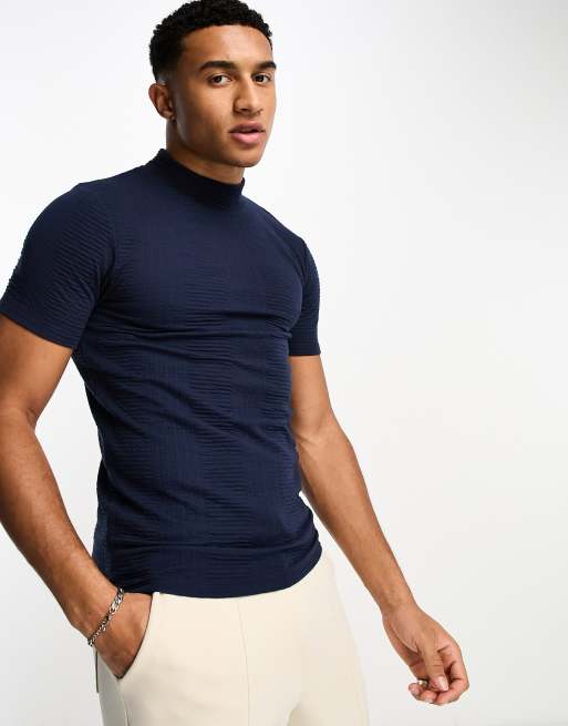 ASOS DESIGN t-shirt in dressy navy fabric with turtle neck