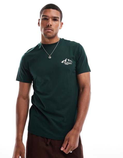 ASOS DESIGN – T-Shirt in Dunkelgrün mit Berg-Print auf der Brust - view 1