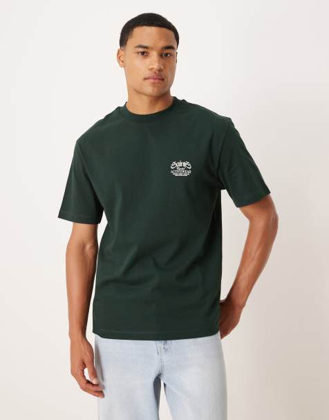ASOS DESIGN – T-Shirt in Dunkelgrün mit lässigem Schnitt und beflockter Textgrafik - view 1