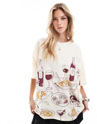 ASOS DESIGN - T-Shirt in Ecru mit Dinnerparty-Print-Weiß