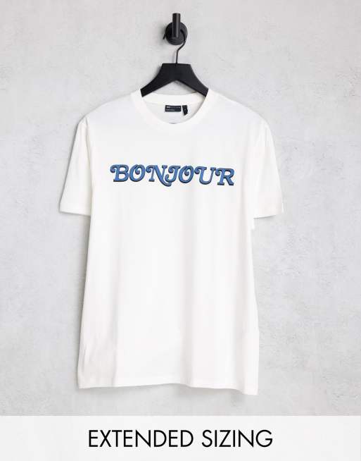 ASOS DESIGN - T-shirt in gebroken wit met 'Bonjour'-print op de borst