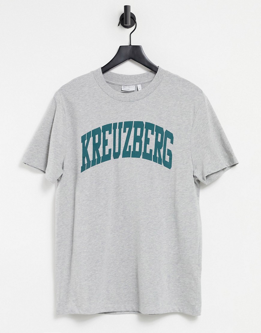 ASOS DESIGN t-shirt in gray heather with collegiate Kreuzberg print-Grey
