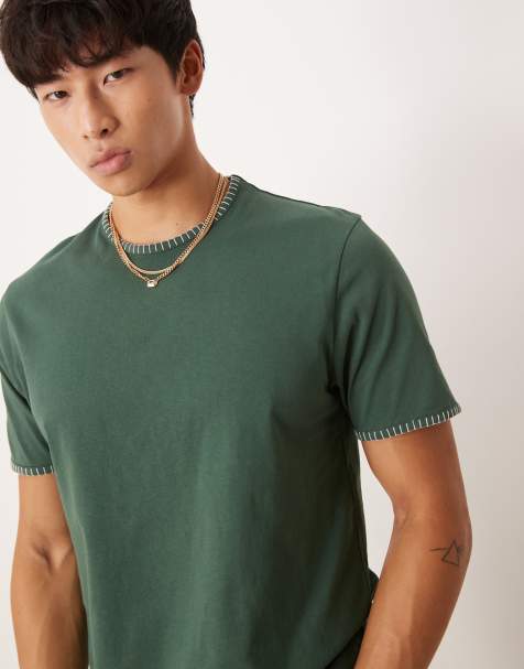 ASOS DESIGN – T-Shirt in Grün mit Rundhalsausschnitt und Kontrast-Languettenstich - view 1