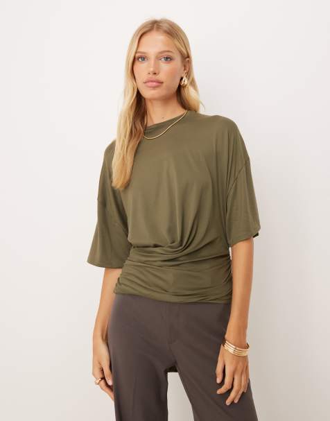 ASOS DESIGN – T-Shirt in Khaki mit Taillenbindung - view 1