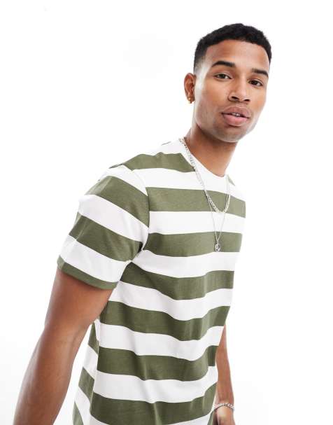 ASOS DESIGN – T-Shirt in Khaki und Weiß gestreift - view 1