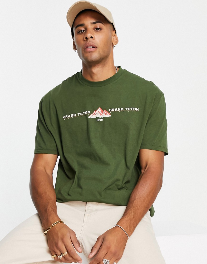 ASOS DESIGN t-shirt in khaki with outdoors front print-Green