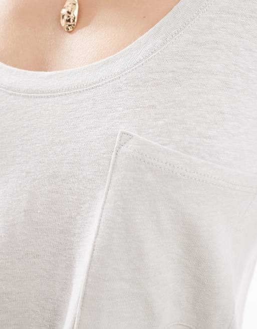 ASOS DESIGN – T-Shirt in Leinenoptik in Steinbeige mit U-Ausschnitt und Brusttasche, 3 von 4